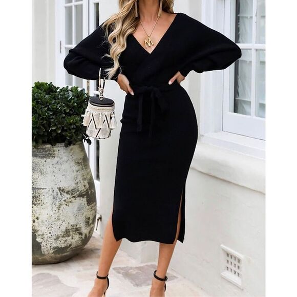 NEW Batwing Sleeve Wrap Knit Backless Pullover Sweater Belted Dress S - Picture 1 of 7